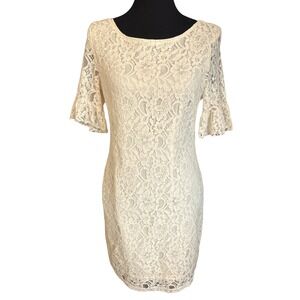Tulle by Anthropologie Ivory Lace Short Flutter Sleeve Sheath Dress, Medium,Flaw